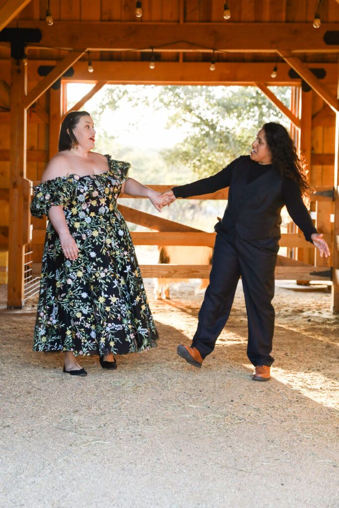 Couple walking through a barn at a lavender farm. 